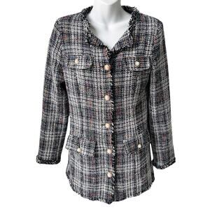 Fringed Plaid Tweed Jacket Womens S Blue White Blazer Classic Professor Academia